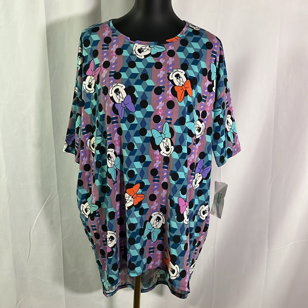 NWT LuLaRoe Purple & Blue Minnie Mouse Print Short Sleeve Irma Tunic Top